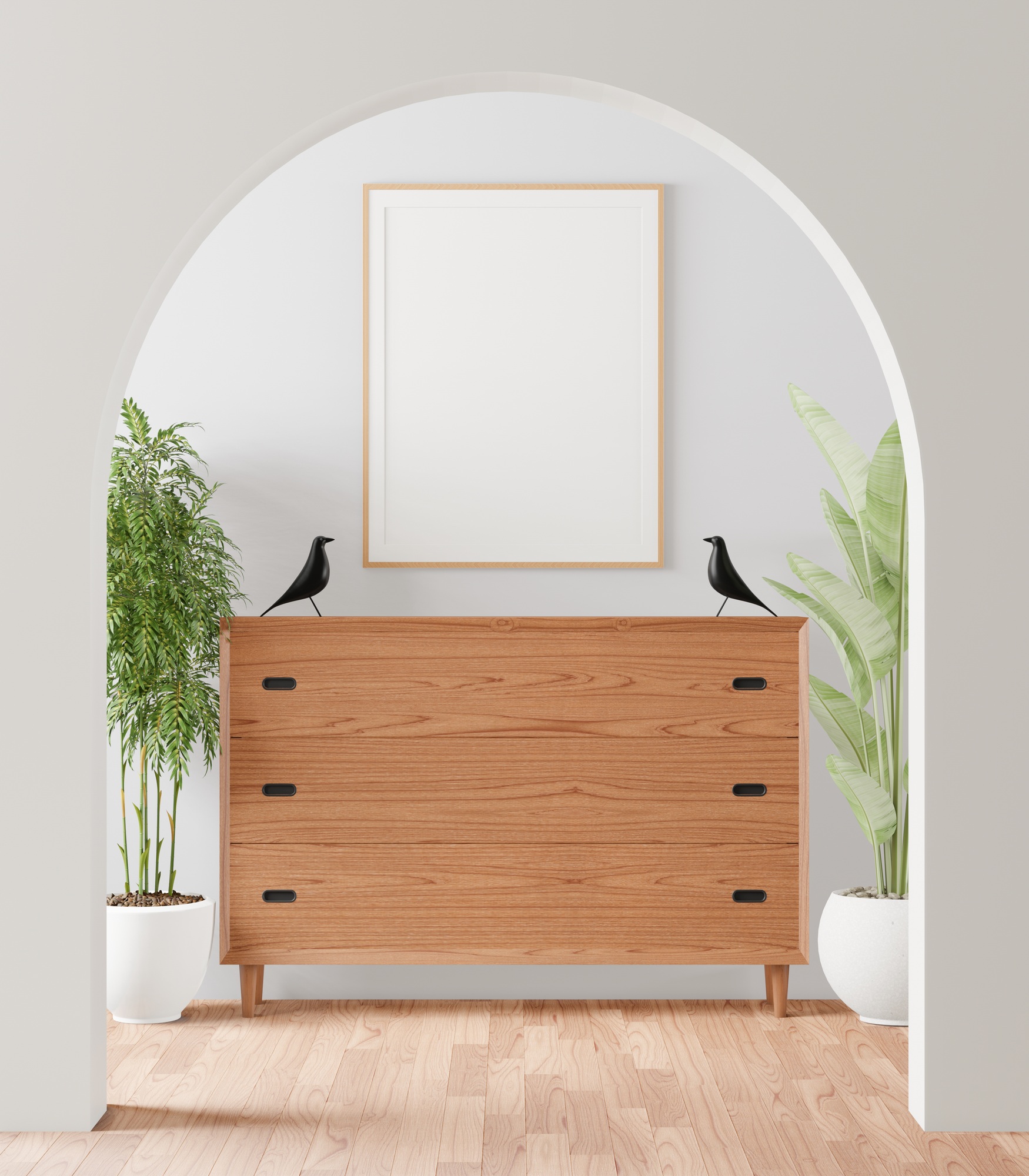 3D living room and furniture with blank photo frame